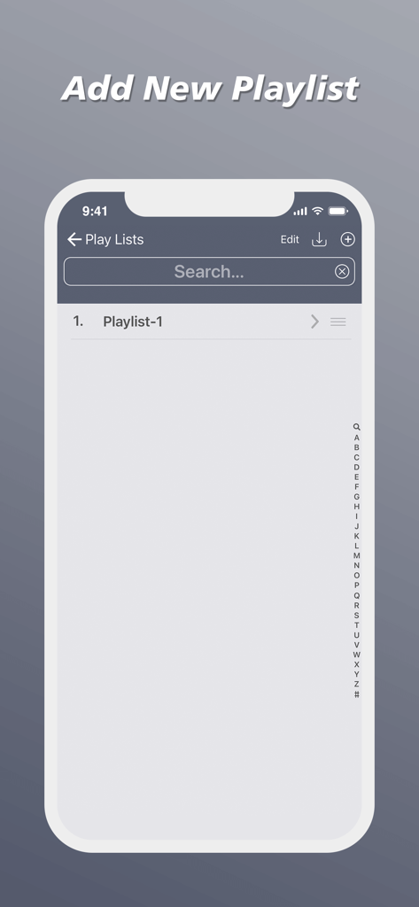 A mobile app interface showing a list of song playlists with a search bar and alphabetical navigation.