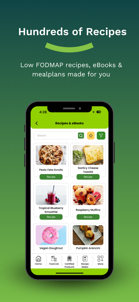 Smartphone screen showing a collection of low FODMAP recipes and ebooks within the FODMAP Friendly app