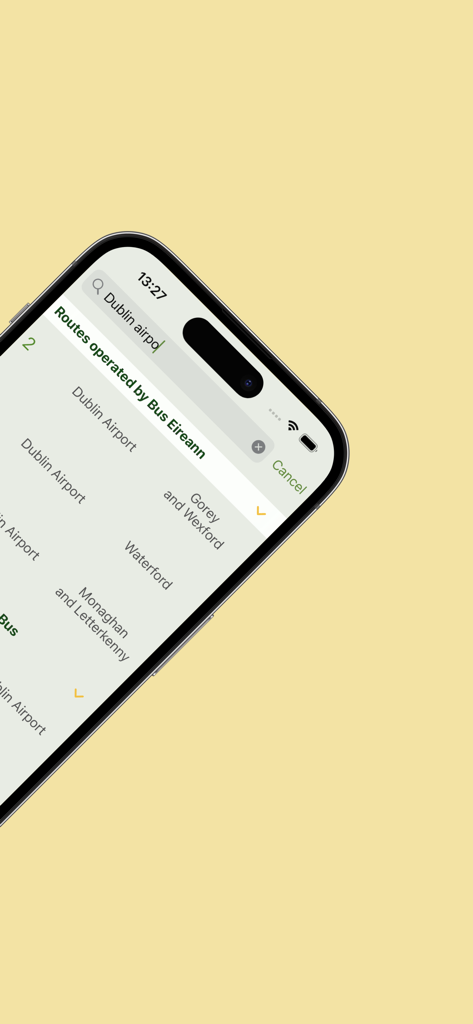 iPhone-Suchbildschirm in der Next Bus Dublin App, der Routen zum Flughafen Dublin anzeigt