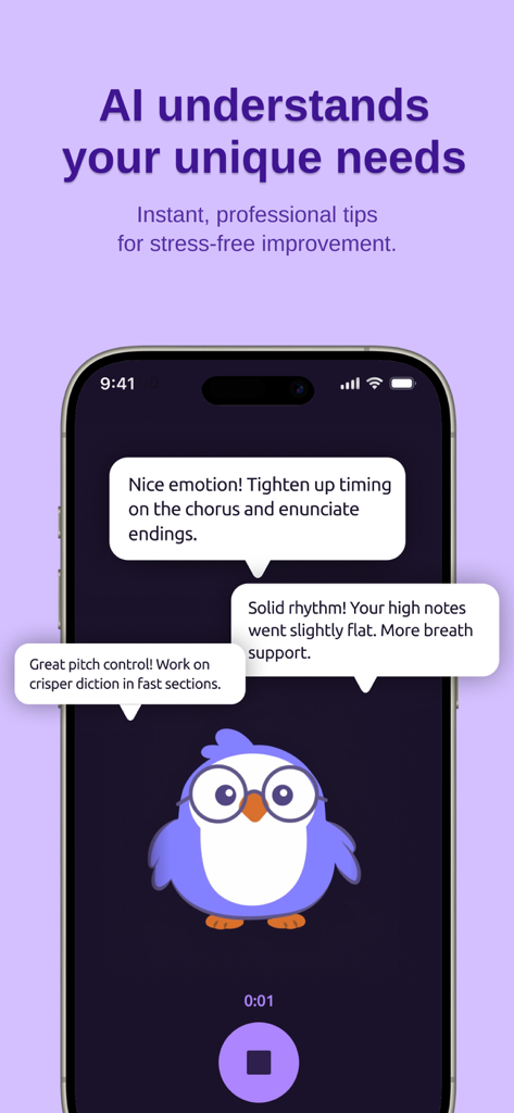 Vocaflow - Singing Coach - A screenshot of the Vocaflow app displaying real-time AI singing coaching tips for pitch and rhythm