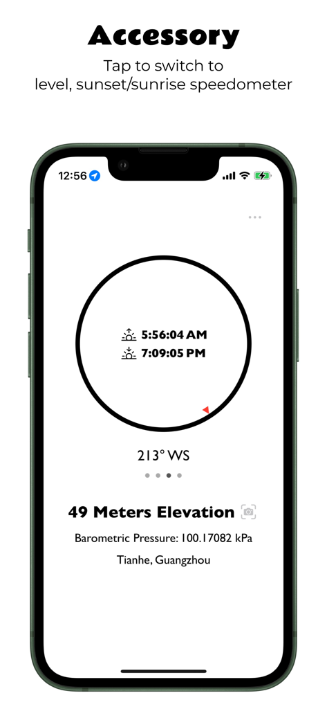 Altitude Compass - Altitude Compass app displaying elevation and sunrise sunset times on an iPhone