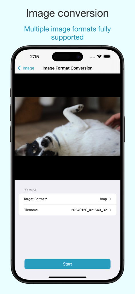 FormatX - All Media Converter - FormatX app interface showing the image format conversion screen with a photo of a dog and a target format selector.