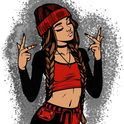 realistic teenage girl with braids and a beanie and crop top doing 🫶🏼