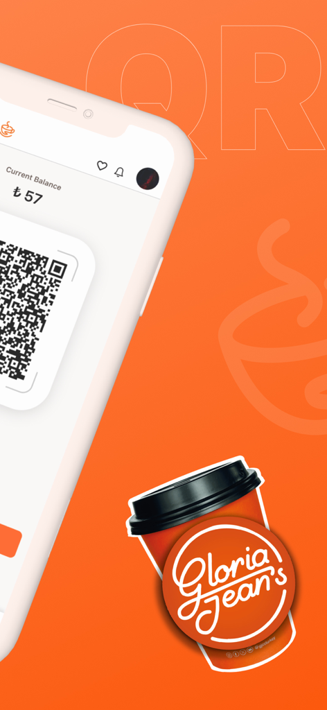 Gloria Jean's Coffees Türkiye - Gloria Jeans Coffees mobile app interface with a QR code for easy payments and a branded coffee cup