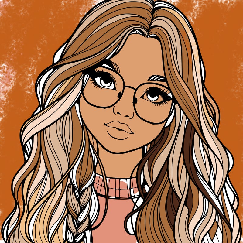 girl with long hair and freckles and glasses realistic