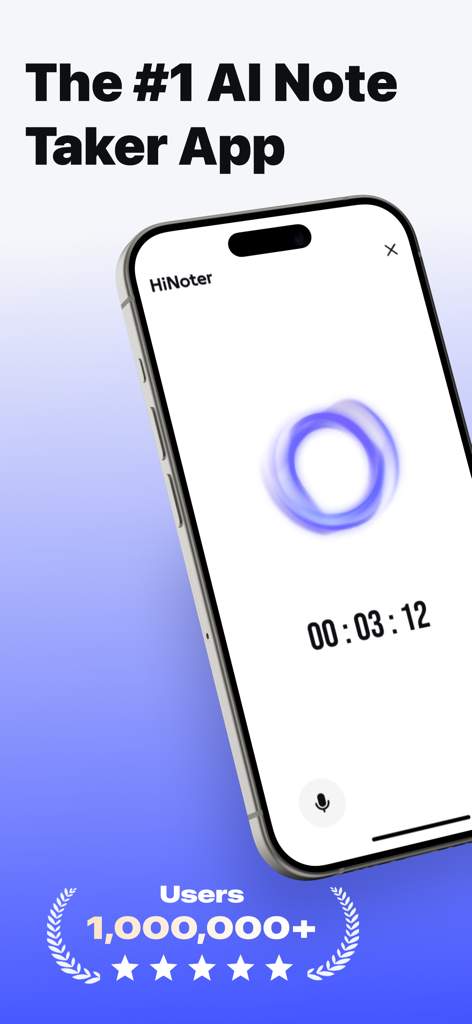 HiNoter - Al Note Taker - iPhone mostrando la interfaz de la aplicación HiNoter AI Note Taker durante una sesión de grabación de voz en vivo con una insignia de más de un millón de usuarios
