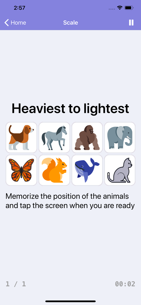 Ecrã de jogo de memória do Brainilis com ícones de animais e instruções para memorizar as suas posições