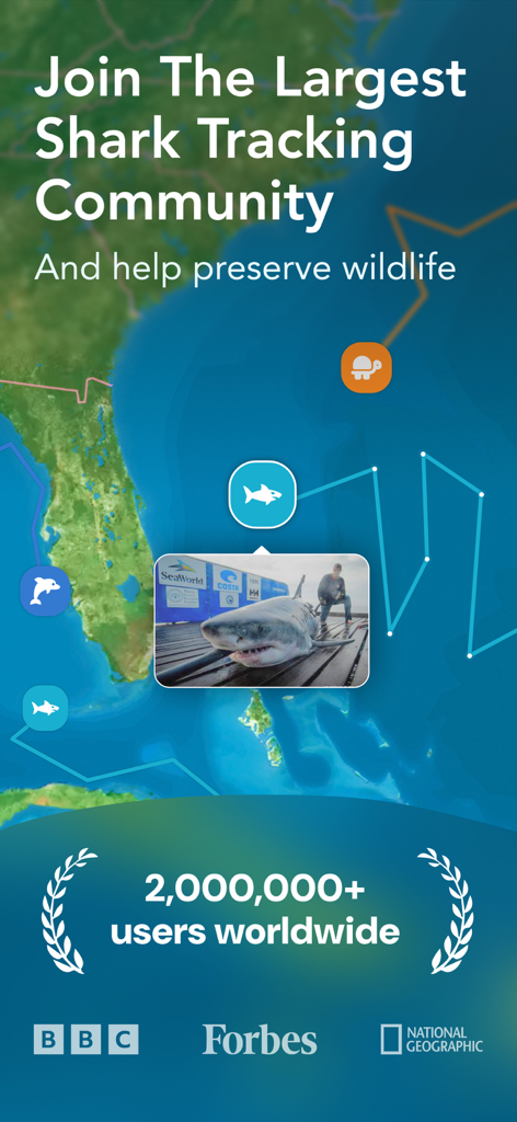 OCEARCH Shark Tracker™ - OCEARCH Shark Tracker app screen showcasing its global tracking community and marine wildlife conservation mission.