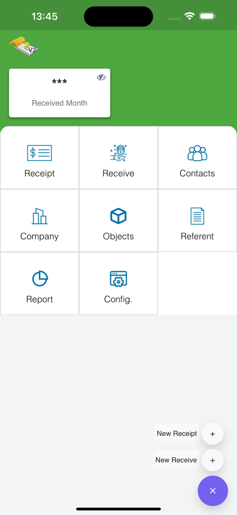 Receipt Generator v2 - Dashboard of the Receipt Generator v2 app displaying icons for receipts, contacts, company, and reports.