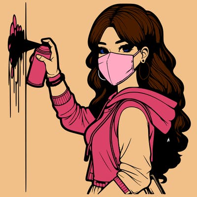 realistic girl with mask spray painting a wall