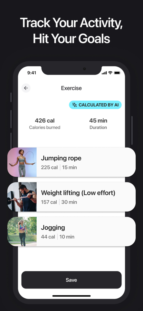 Calorie AI - Tracker & Counter - Interface of Calorie AI app showing activity tracking for exercises like jumping rope and weight lifting with AI-calculated calorie burn.
