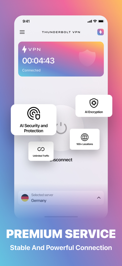 Thunderbolt VPN & Cleaner - Thunderbolt VPN app screen showing a connected state with AI security and encryption features on an iPhone.