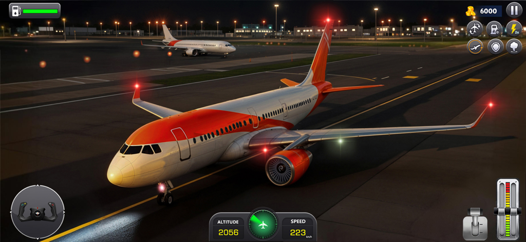 Flight Sim 3D의 밤 공항 활주로에 있는 흰색과 주황색 여객기