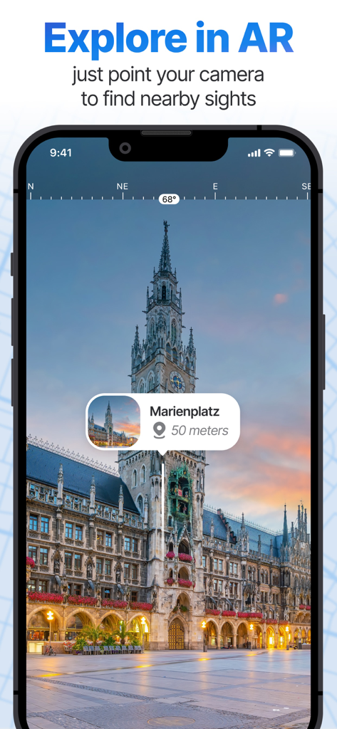 Schermata dello smartphone che mostra una vista in realtà aumentata di Marienplatz con una scheda informativa.