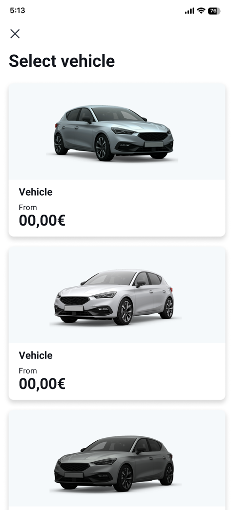 Volkswagen Move - Eine Auswahlansicht in der Volkswagen Move App mit verschiedenen verfügbaren Fahrzeugen zur Buchung.