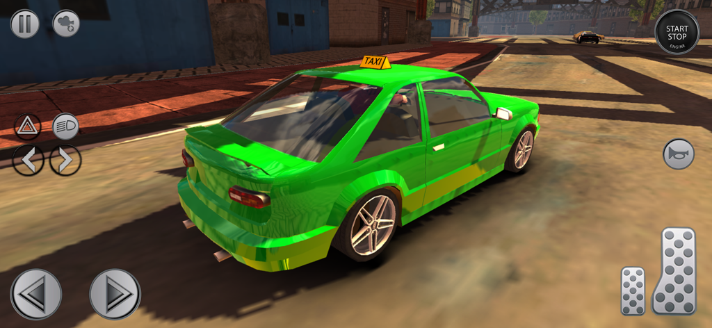 Grab City Taxi: Car Games 3D - Un taxi verde conduciendo por una calle de ciudad en 3D en un juego de simulación móvil.
