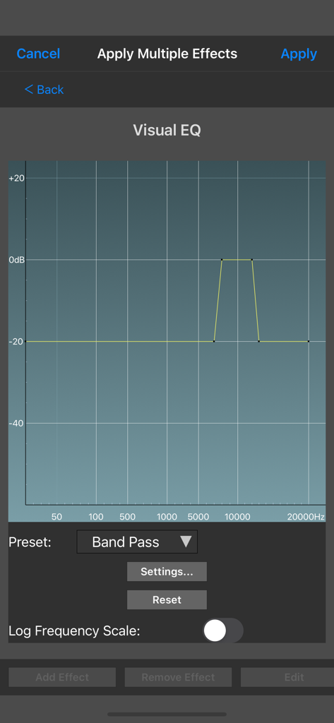 MixPad Master's Edition - Visual EQ interface in MixPad Master's Edition showing a band pass filter configuration