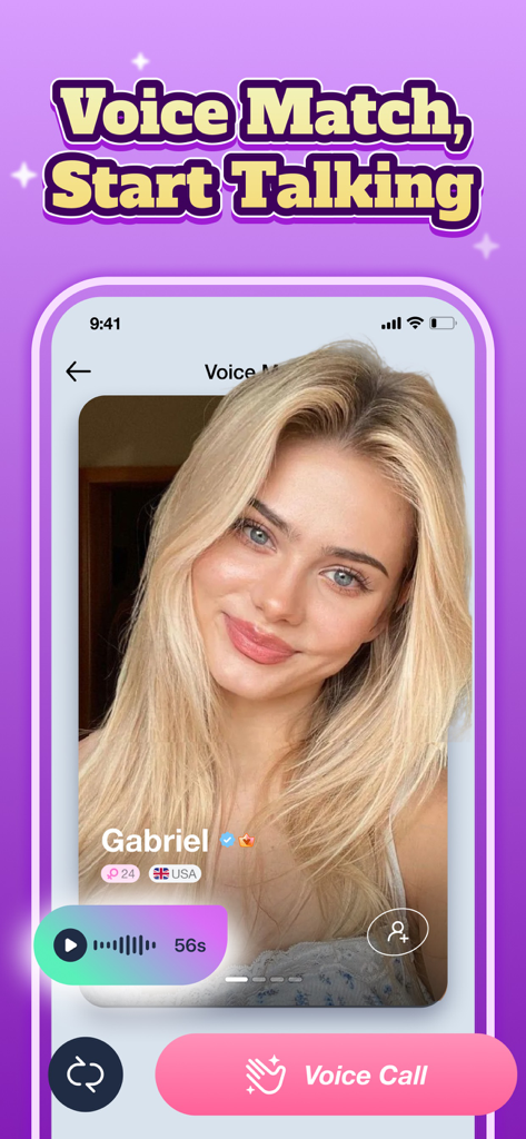 Interfaz de la app Sona mostrando un perfil de coincidencia de voz con un botón de llamada y vista previa de mensaje de audio