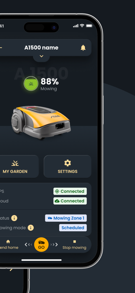STIGA.GO - STIGA.GO App-Oberfläche, die den Status und die Steuerung eines Mähroboters zeigt.