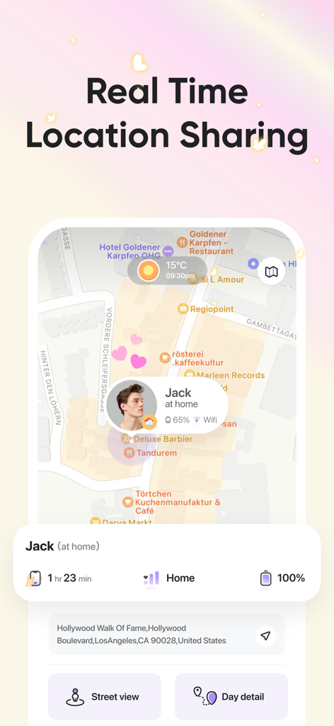 Interface de l'application Love8 montrant le partage de localisation en temps réel et le statut du partenaire pour les couples