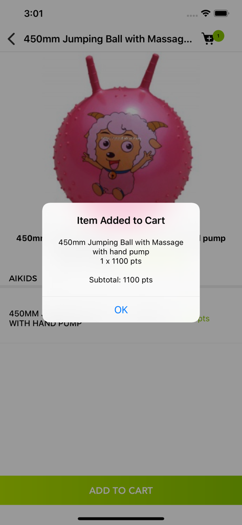 Panel Home - A pop up message confirming a pink jumping ball was added to the cart for 1100 reward points in the Panel Home app