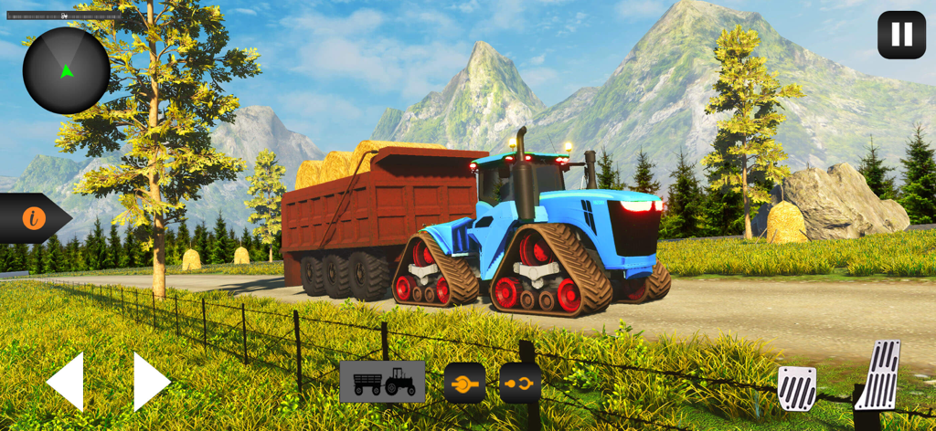 Tractor Farming Simulator 23 - Un tractor de orugas azul transportando un remolque lleno de fardos de heno en un camino de montaña de una granja