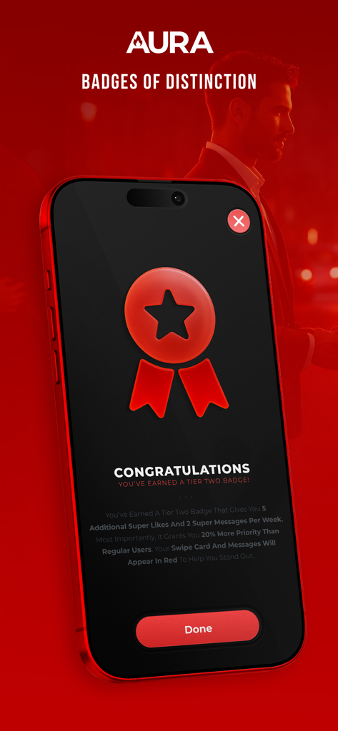 AURA - Premium Dating - Aura app interface showing a Tier Two Badge reward screen with status perks for premium dating users.