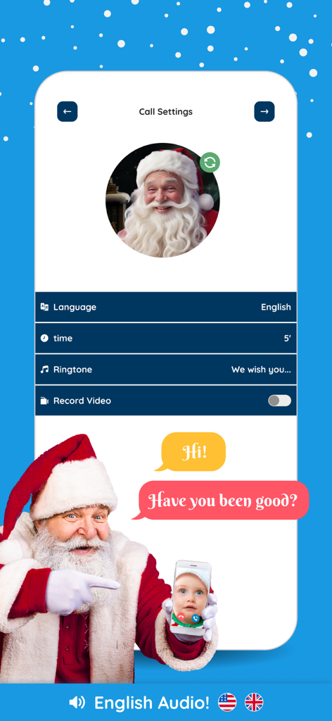 Speak to Santa Claus - Message - Interface of the Speak to Santa app showing call settings for language and video recording