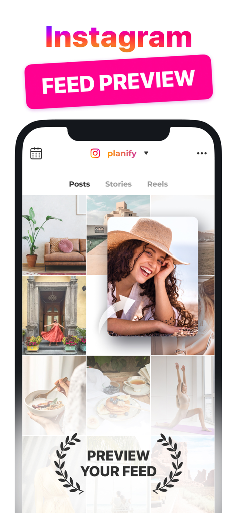 Ein Smartphone zeigt ein kuratiertes Instagram-Grid-Layout mit einer Drag-and-Drop-Foto-Vorschau-Funktion