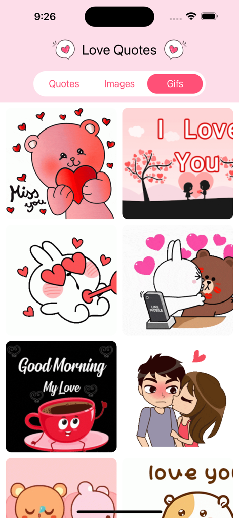 Best Romantic Love Quotes - Interface of the Best Romantic Love Quotes app showing a variety of cute romantic animated GIFs and stickers.