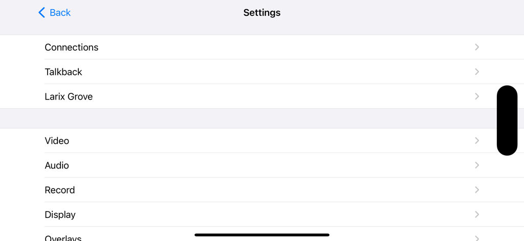 Settings menu of the Larix Broadcaster app showing configuration categories