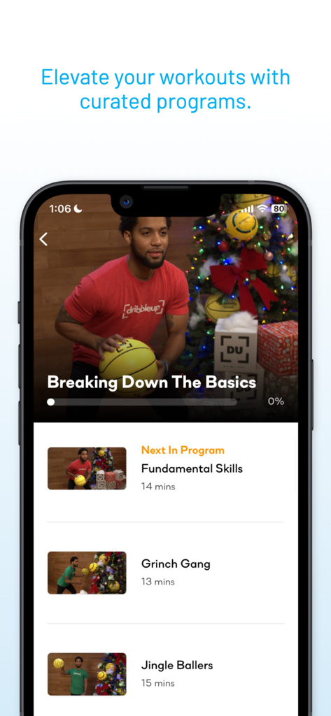 Dribbleup - Sports & Fitness - Interfaz de la aplicación móvil DribbleUp con sesiones de entrenamiento de baloncesto seleccionadas