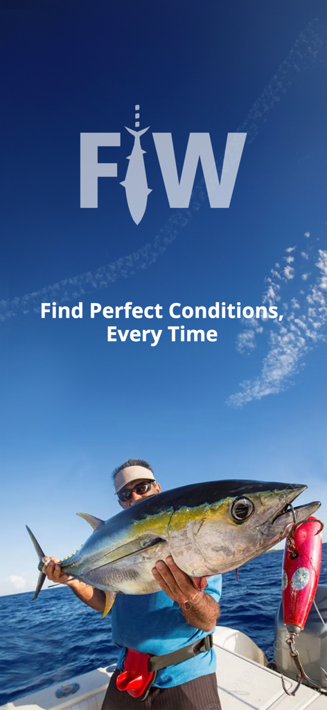 FishWeather: Marine Forecasts - 大きなマグロを釣った漁師がボートの上でFishWeatherアプリのロゴとスローガンを持って写っている