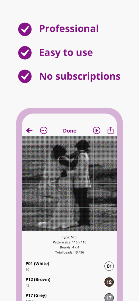 Perlypop: Perler beads - Interfaz de la aplicación Perlypop mostrando una foto de boda convertida en un patrón detallado de cuentas de fusión con listas de colores y estadísticas del proyecto