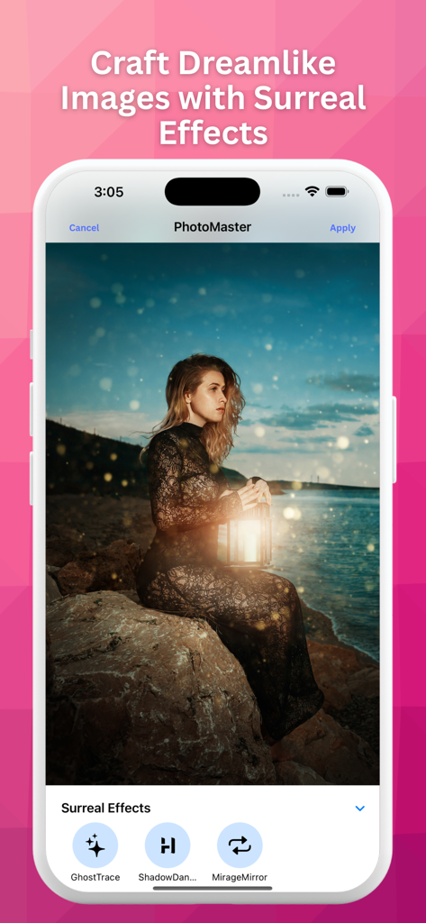 Una captura de pantalla de la interfaz de la aplicación PhotoMaster que muestra una foto de ensueño con efectos surrealistas aplicados a una mujer sosteniendo una linterna