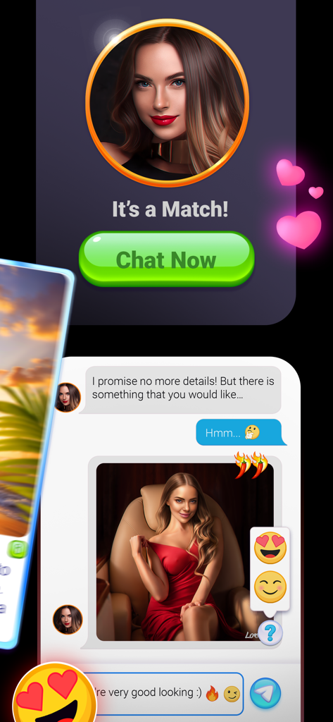 Loverz: Virtual love stories - Loverz app match screen and interactive chat interface with a virtual character