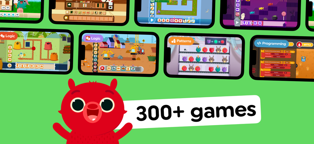 A collection of screens from Code Land showing logic patterns and programming games for kids with a 300 plus games label