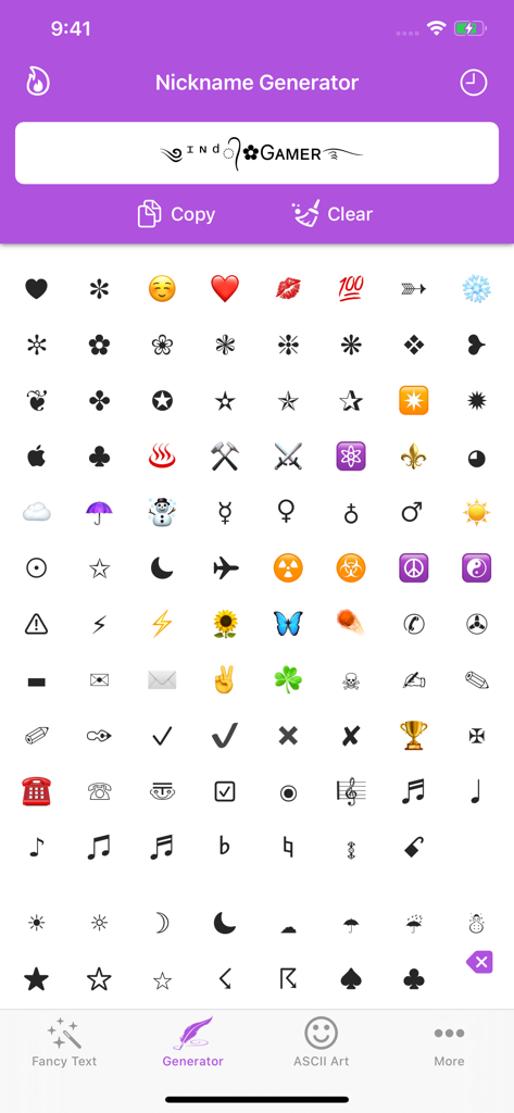Fancy Text Symbols - Interface of the Nickname Generator showing a custom gamer name and a grid of decorative symbols.