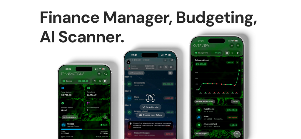 Xified Personal Dashboard - Xified app interface showing financial tracking balance charts and AI receipt scanning features