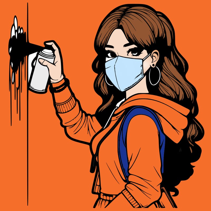 realistic girl with mask spray painting a wall