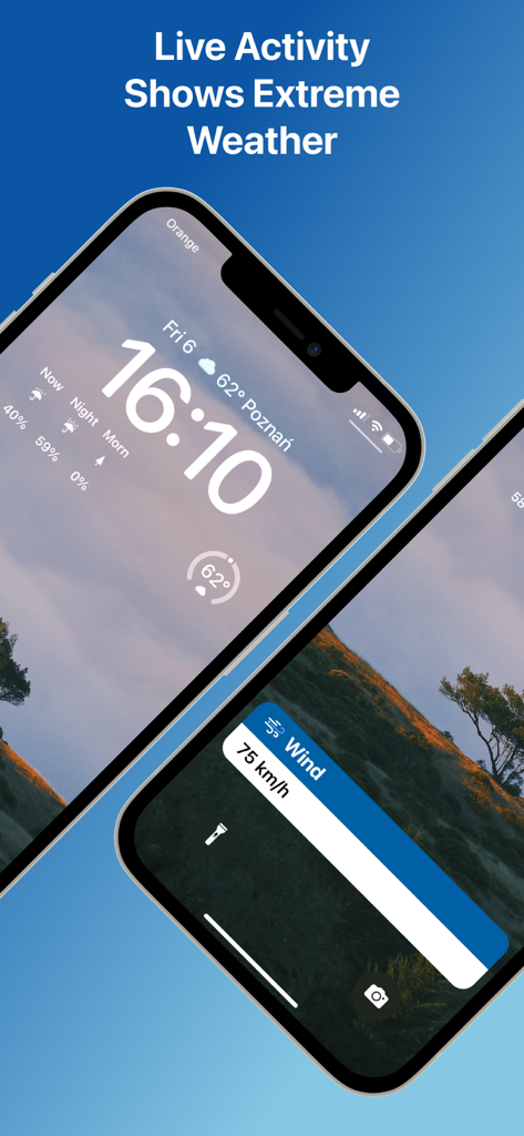 Weather and Climate Tracker - iPhone lock screen displaying a high contrast live activity notification for extreme wind speed