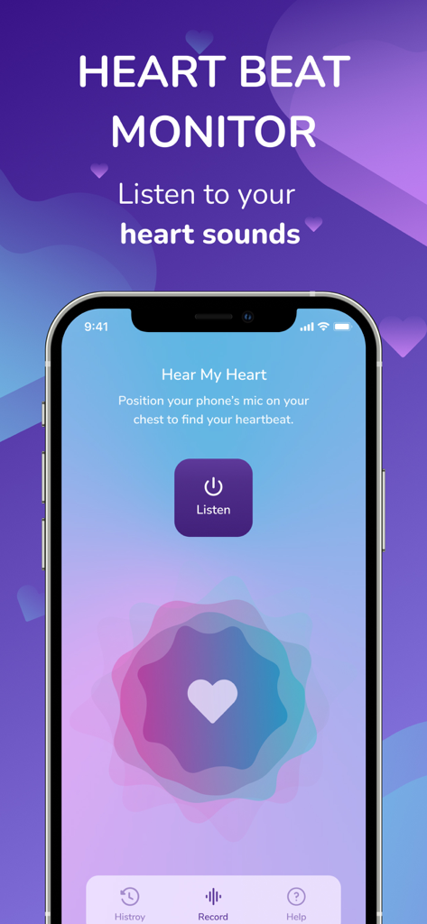 Hear my Heart Beat Monitor App - Interfaz de la aplicación Hear My Heart mostrando la pantalla de escucha con un ícono de corazón e instrucciones de grabación.