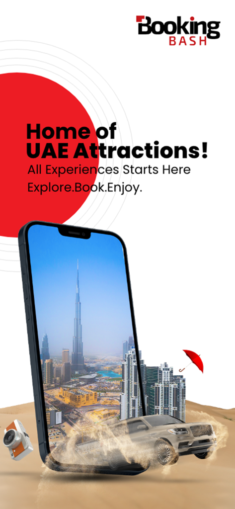 BookingBash: Tickets Made Easy - BookingBash app promotional screen for UAE attractions featuring the Dubai skyline and a luxury vehicle.