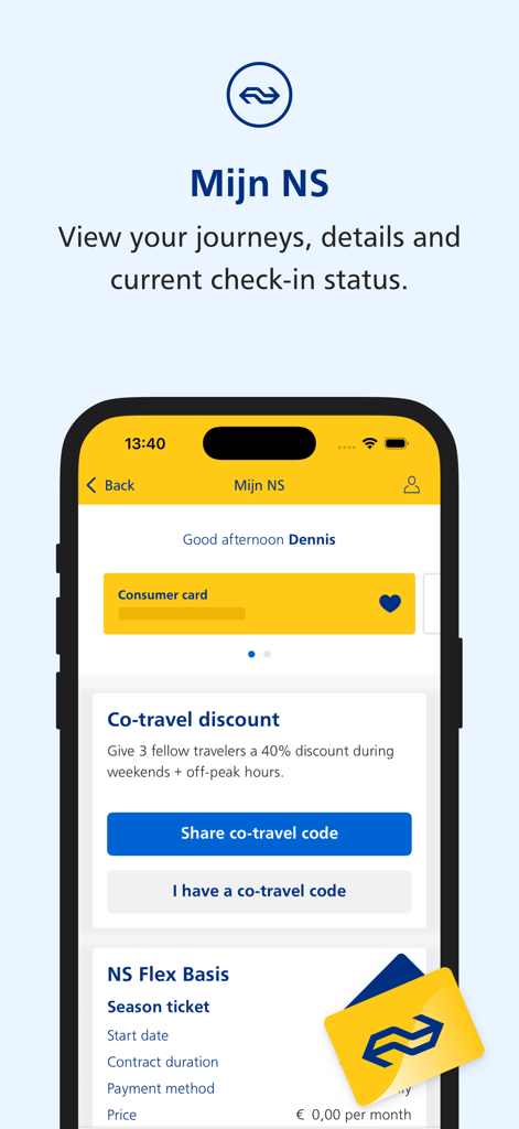 NS Travel Planner - Das Mijn NS-Konto-Dashboard mit Reiseinformationen und Rabattoptionen.