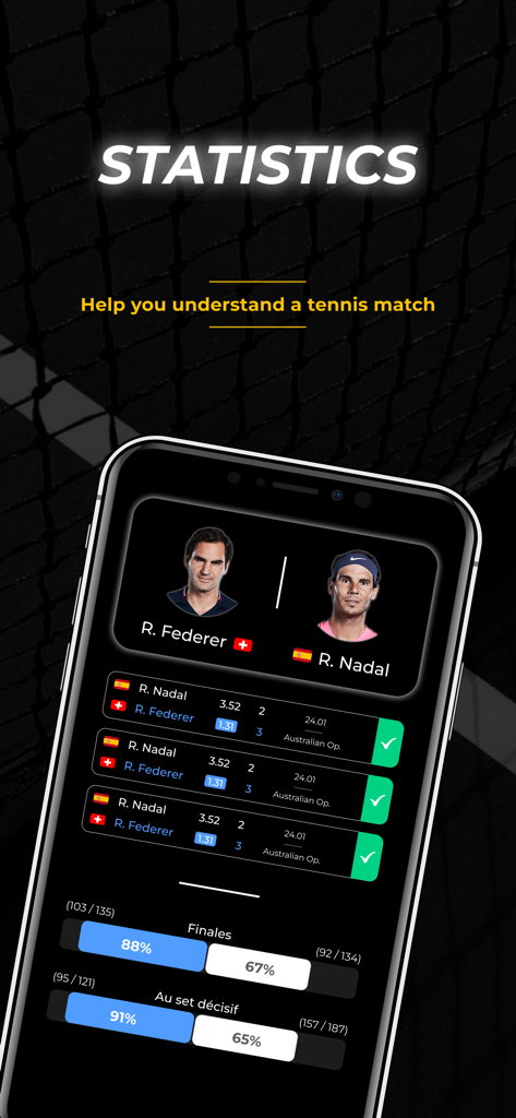 Tennis Metrics - Interfaz de la aplicación Métricas de Tenis mostrando estadísticas históricas de enfrentamientos directos entre Federer y Nadal