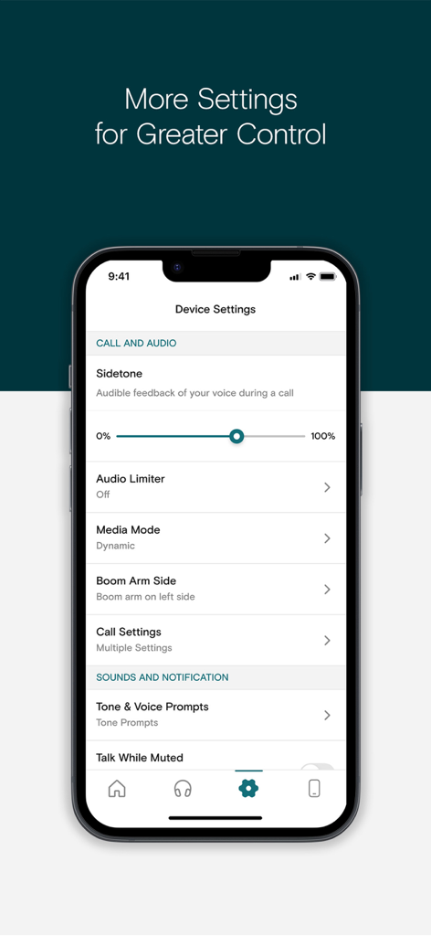 A smartphone displaying the EPOS Connect app device settings screen for audio and call customization