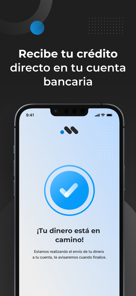 Monet - Créditos Online - Schermata dell'app mobile Monet che conferma che un trasferimento di credito a un conto bancario è in corso