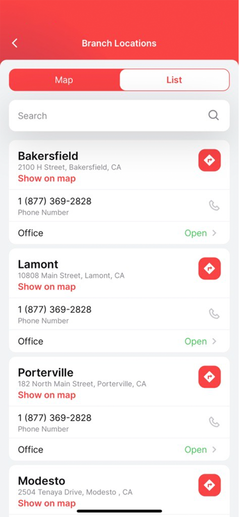 A list of Self-Help Federal Credit Union branch locations in California including Bakersfield, Lamont, and Porterville with addresses and contact details.