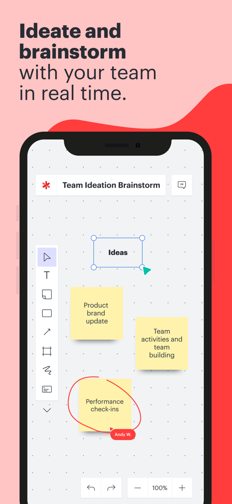 Lucidspark mobile app interface showing real-time team brainstorming on a digital whiteboard with sticky notes.