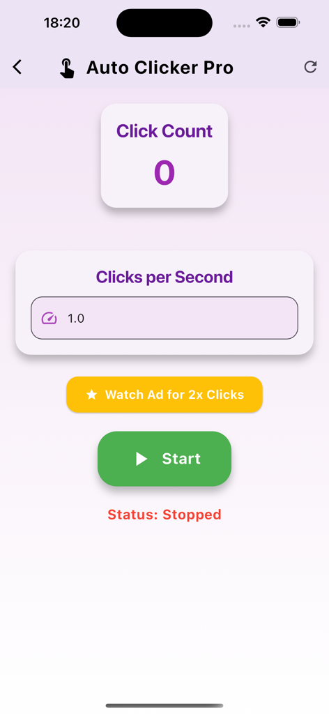 Clickmateアプリの画面。自動クリックプロのインターフェースにクリック数と開始ボタンが表示されています。